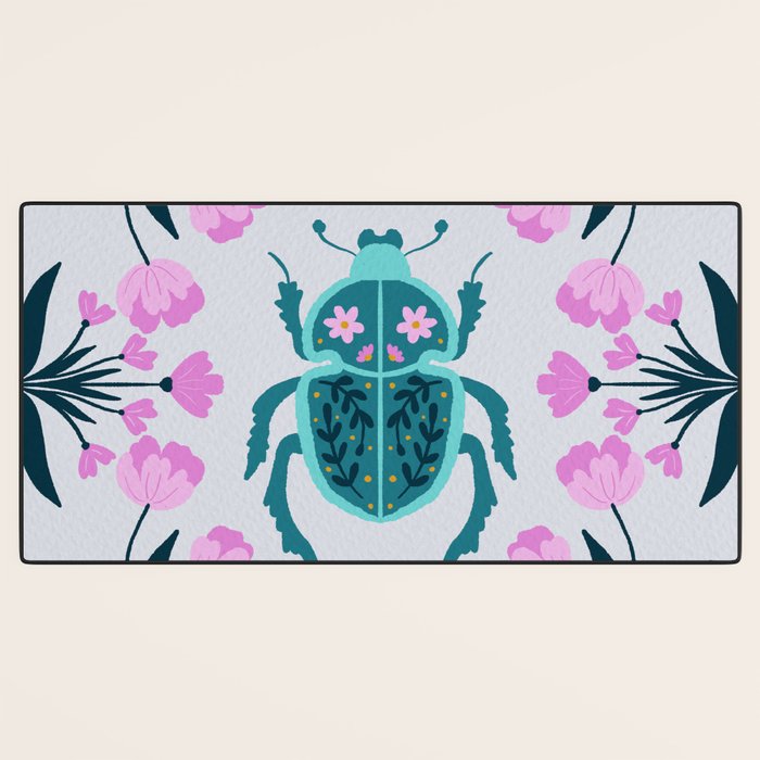Beetle and flowers - pink and turquoise Desk Mat Gallery Image 3