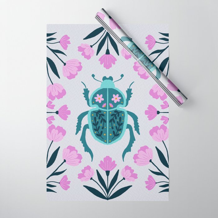 Beetle and flowers - pink and turquoise Wrapping Paper