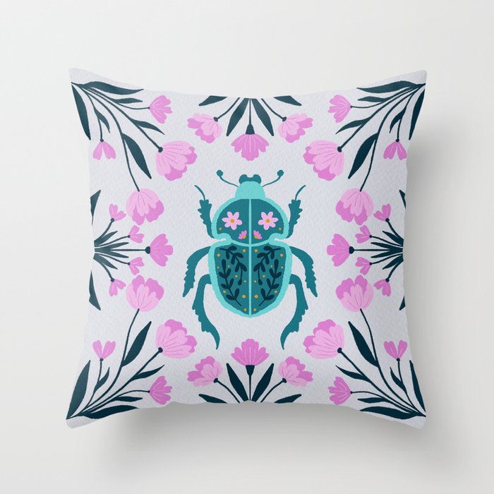 Beetle and flowers - pink and turquoise Throw Pillow Gallery Image 6