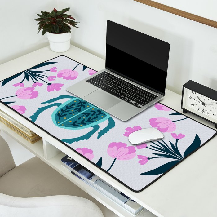 Beetle and flowers - pink and turquoise Desk Mat Gallery Image 2