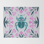 Beetle and flowers - pink and turquoise Throw Blanket Gallery Image 2