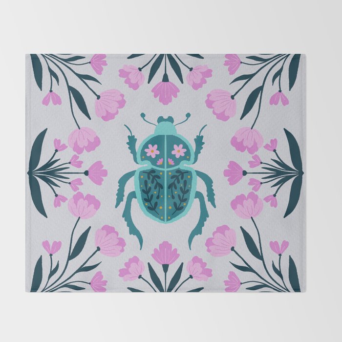 Beetle and flowers - pink and turquoise Throw Blanket Gallery Image 2