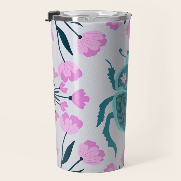 Beetle and flowers - pink and turquoise Travel Mug Gallery Image 3