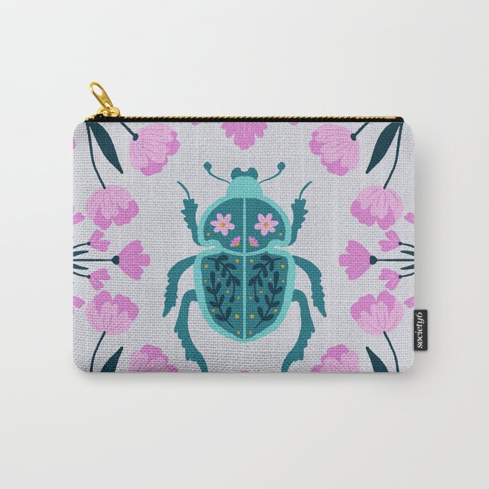 Beetle and flowers - pink and turquoise Carry All Pouch Gallery Image 1