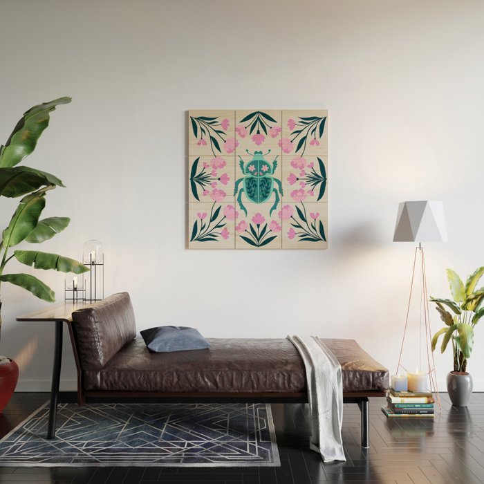 Beetle and flowers - pink and turquoise Wood Wall Art Gallery Image 2