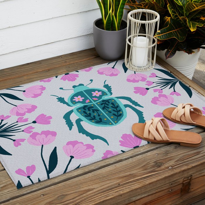 Beetle and flowers - pink and turquoise Outdoor Rug Gallery Image 2