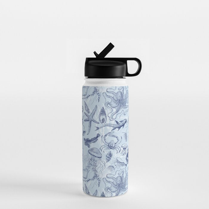 Coral Reef Life Underwater Sea Scene Blue Monochromatic Toile Pattern  Water Bottle Gallery Image 1