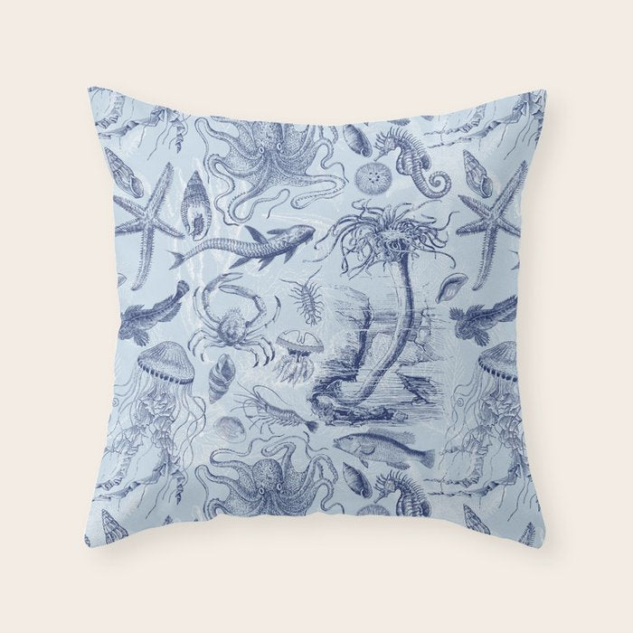 Coral Reef Life Underwater Sea Scene Blue Monochromatic Toile Pattern  Throw Pillow Gallery Image 1
