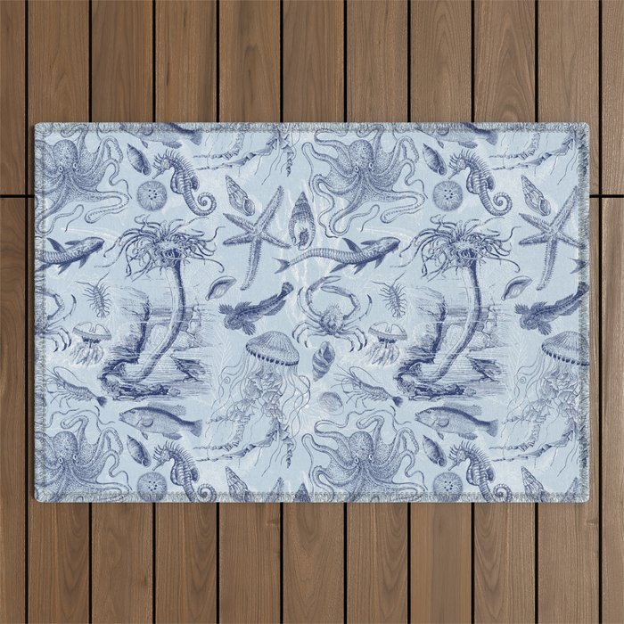 Coral Reef Life Underwater Sea Scene Blue Monochromatic Toile Pattern  Outdoor Rug Gallery Image 1