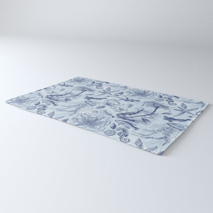 Coral Reef Life Underwater Sea Scene Blue Monochromatic Toile Pattern  Rug Gallery Image 3