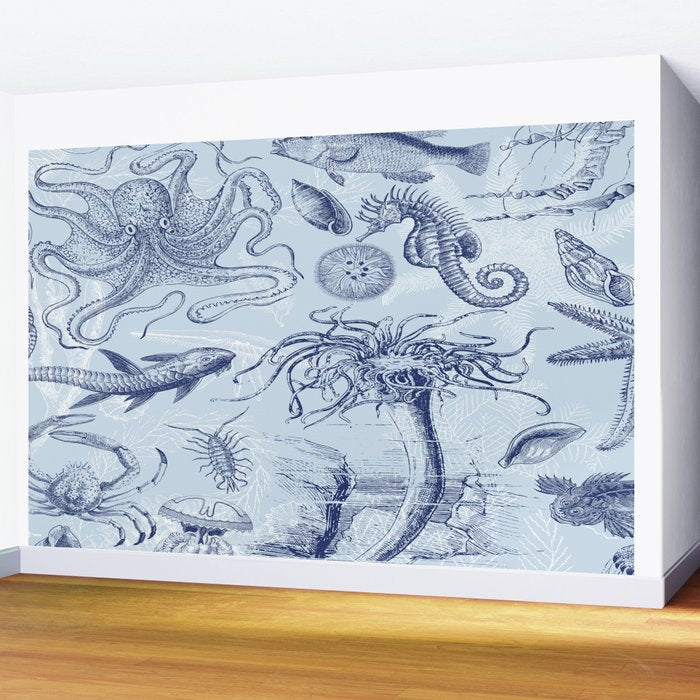 Coral Reef Life Underwater Sea Scene Blue Monochromatic Toile Pattern  Wall Mural Gallery Image 2