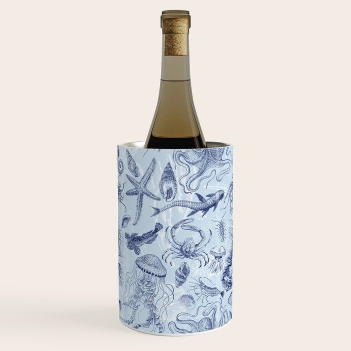 Coral Reef Life Underwater Sea Scene Blue Monochromatic Toile Pattern  Wine Chiller Gallery Image 1