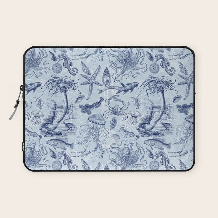 Coral Reef Life Underwater Sea Scene Blue Monochromatic Toile Pattern  Laptop Sleeve Gallery Image 1