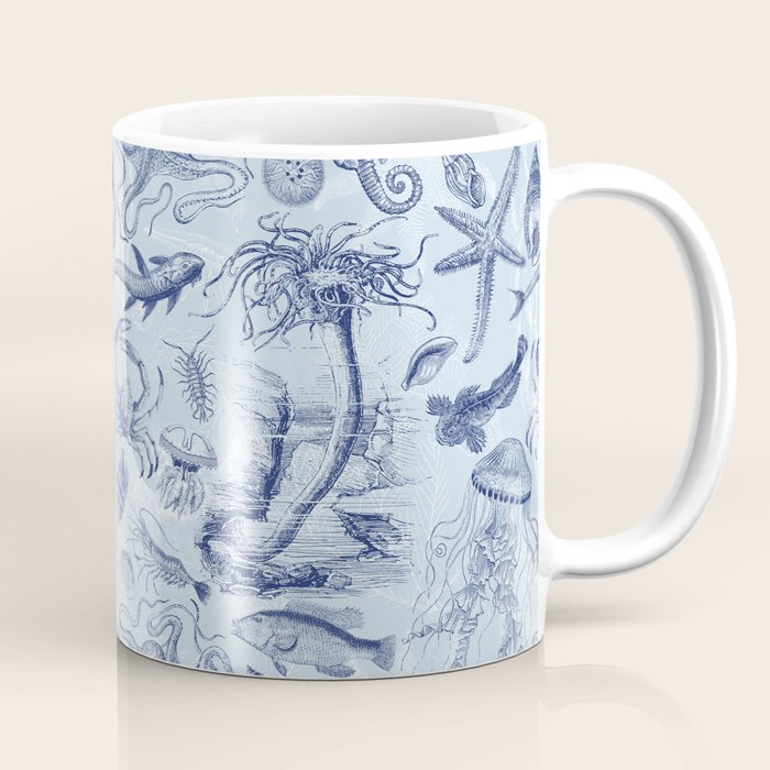 Coral Reef Life Underwater Sea Scene Blue Monochromatic Toile Pattern  Coffee Mug Gallery Image 1