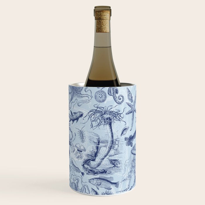 Coral Reef Life Underwater Sea Scene Blue Monochromatic Toile Pattern  Wine Chiller Gallery Image 2