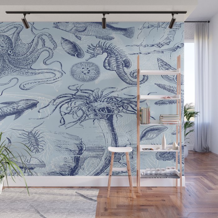 Coral Reef Life Underwater Sea Scene Blue Monochromatic Toile Pattern  Wall Mural Gallery Image 1