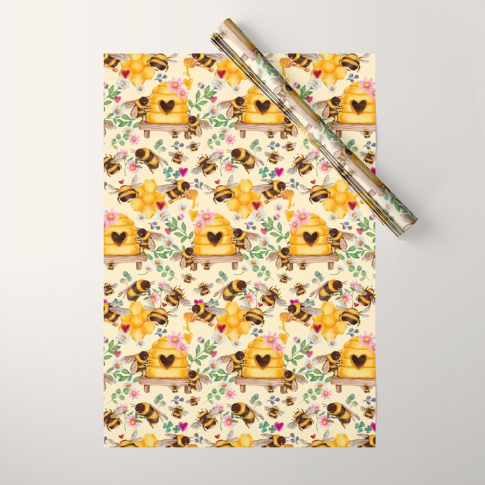 Bees with Flowers and Honey Wrapping Paper Gallery Image 1