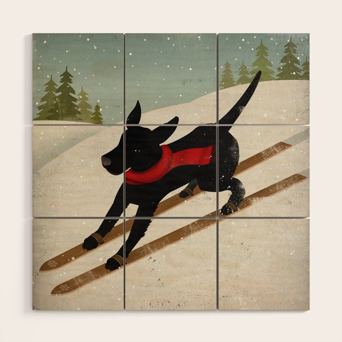 Black Dog Labrador Ski Mountain Wood Wall Art Gallery Image 1