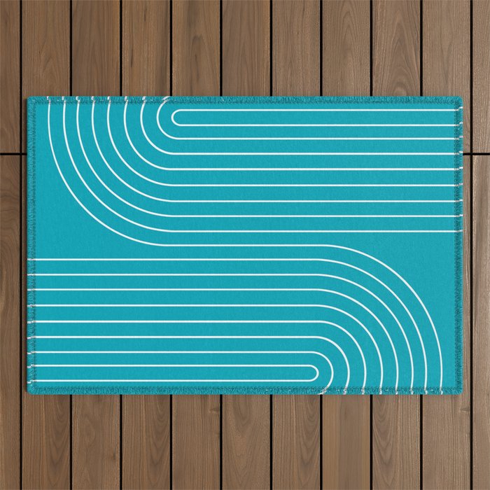 Minimal Line Curvature XV Bright Aqua Mid Century Modern Arch Abstract Outdoor Rug Gallery Image 1