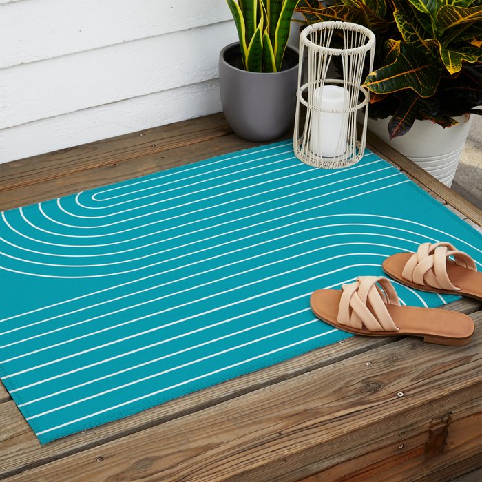 Minimal Line Curvature XV Bright Aqua Mid Century Modern Arch Abstract Outdoor Rug Gallery Image 2