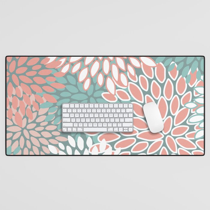 Festive, Floral Prints, Teal and Coral Desk Mat Gallery Image 1