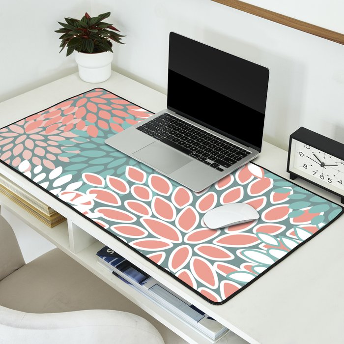 Festive, Floral Prints, Teal and Coral Desk Mat Gallery Image 2