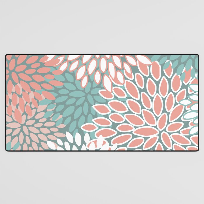 Festive, Floral Prints, Teal and Coral Desk Mat Gallery Image 3