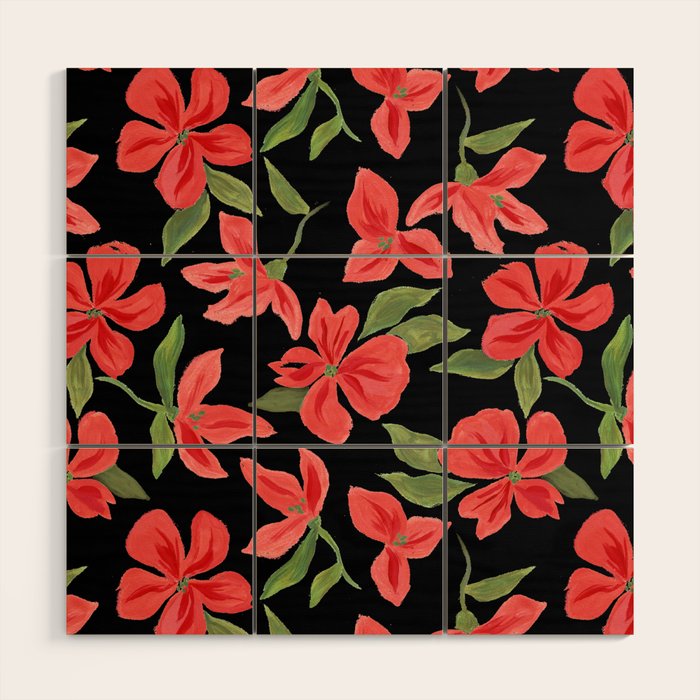 Red bold flowers in black background Wood Wall Art Gallery Image 1