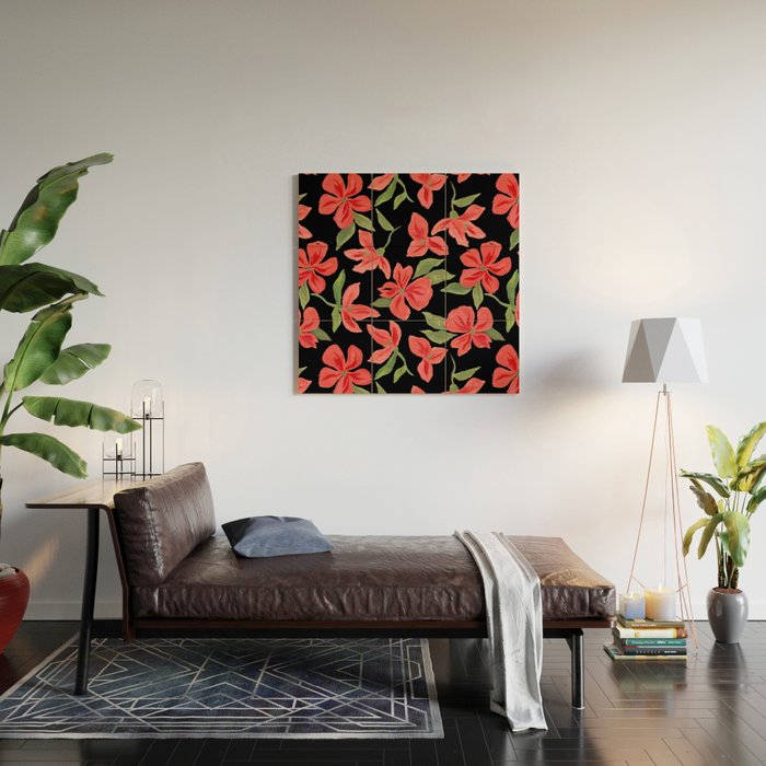Red bold flowers in black background Wood Wall Art Gallery Image 2