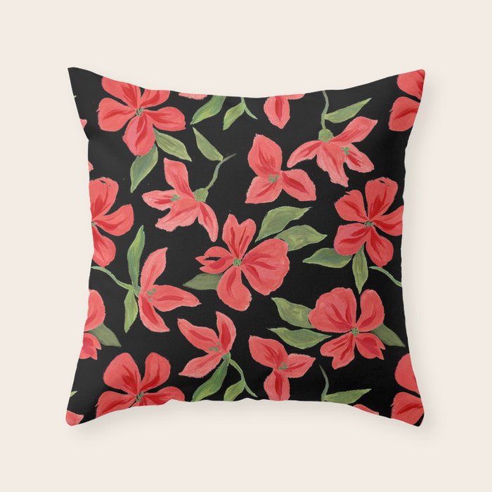 Red bold flowers in black background Throw Pillow Gallery Image 6