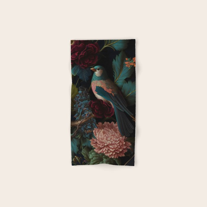 Vintage Bird and Dark Floral Print Bath Towel Gallery Image 1