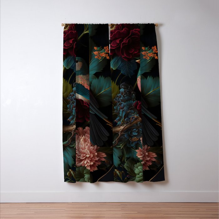Vintage Bird and Dark Floral Print Window Curtain Gallery Image 3
