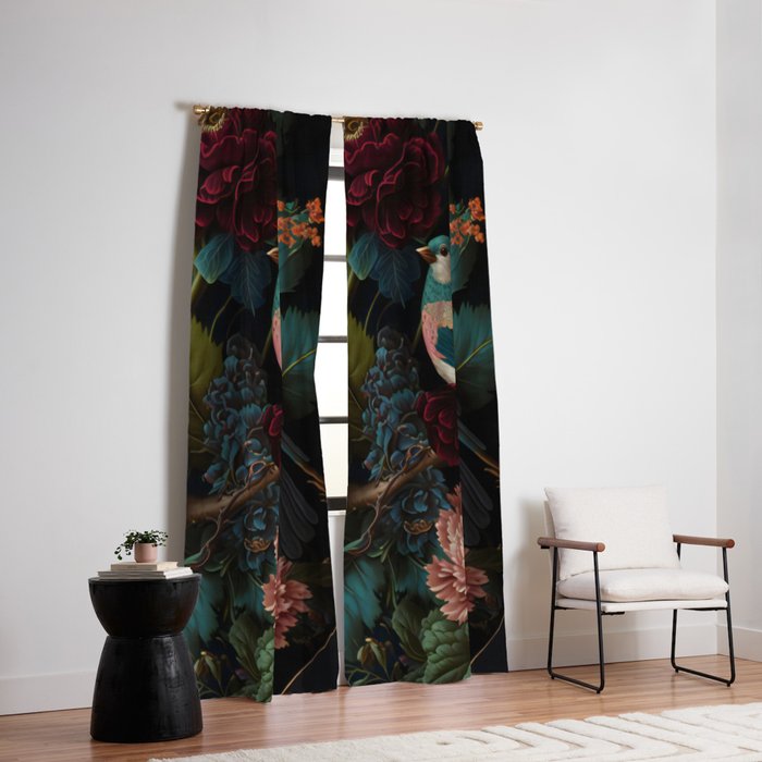 Vintage Bird and Dark Floral Print Window Curtain Gallery Image 2