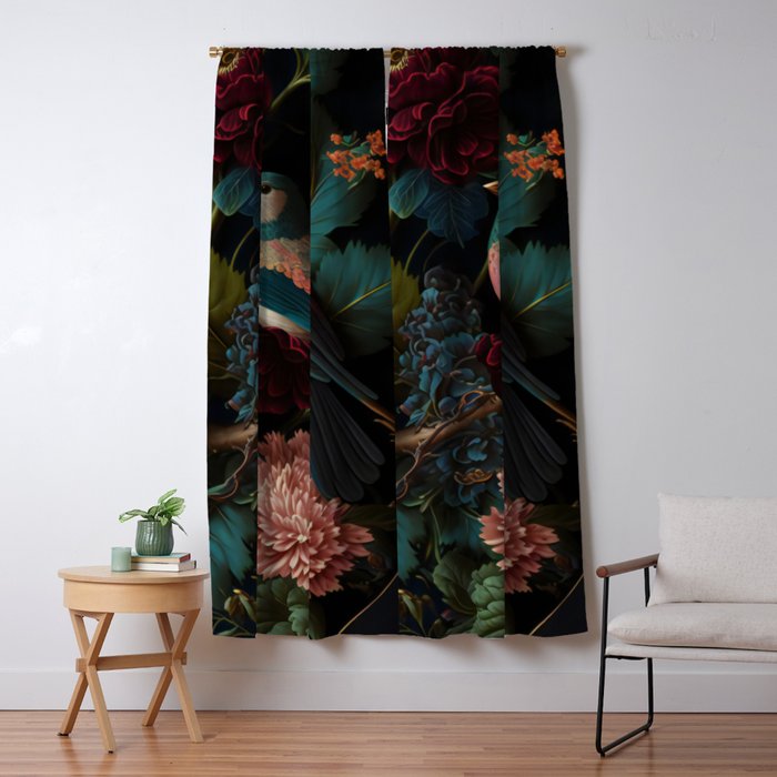 Vintage Bird and Dark Floral Print Window Curtain Gallery Image 5
