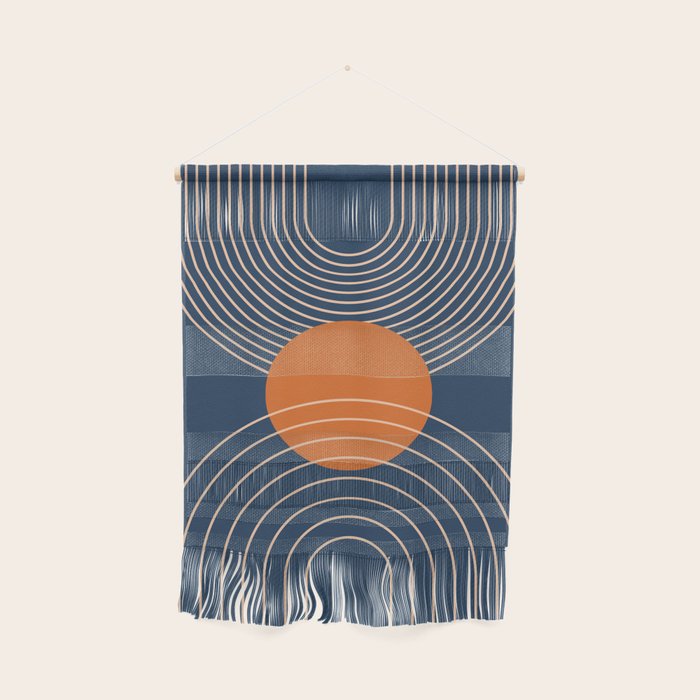 Geometric Lines in Orange and Navy Blue 2 (Sun and Rainbow Abstract) Wall Hanging Gallery Image 1