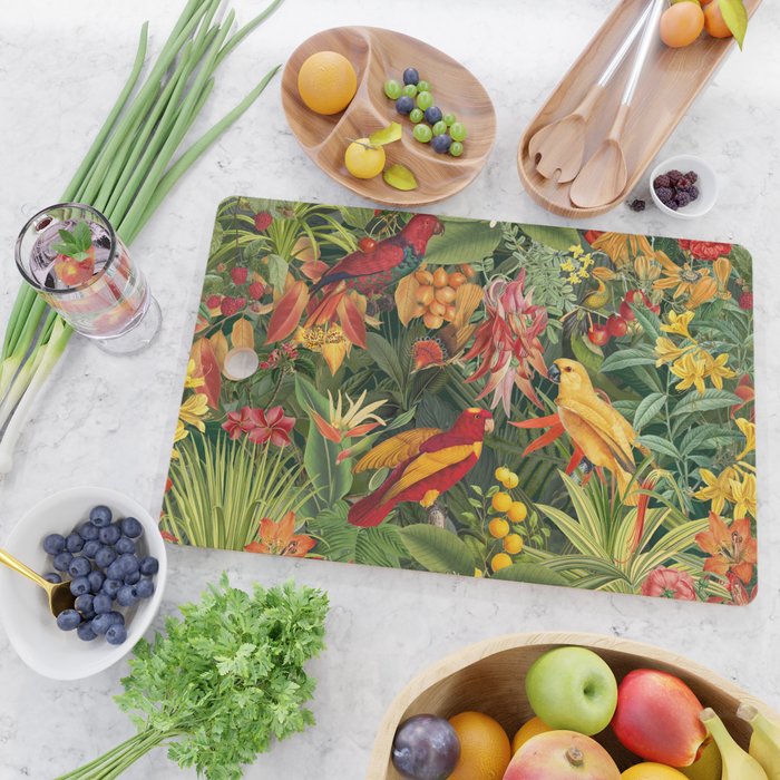 Midnight Jungle Parrots Tropical Paradise Cutting Board Gallery Image 2