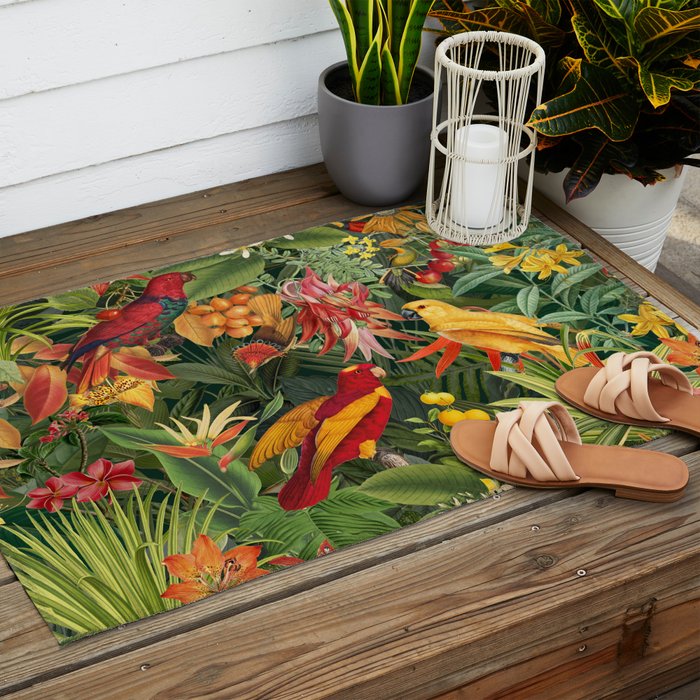 Midnight Jungle Parrots Tropical Paradise Outdoor Rug Gallery Image 2