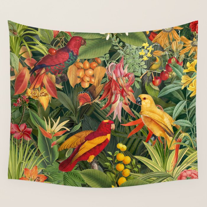 Midnight Jungle Parrots Tropical Paradise Wall Tapestry Gallery Image 4