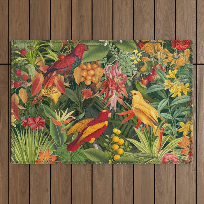 Midnight Jungle Parrots Tropical Paradise Outdoor Rug Gallery Image 1