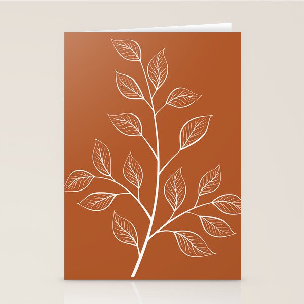 Delicate White Leaves and Branch on a Rust Orange Background Stationery Card Gallery Image 2