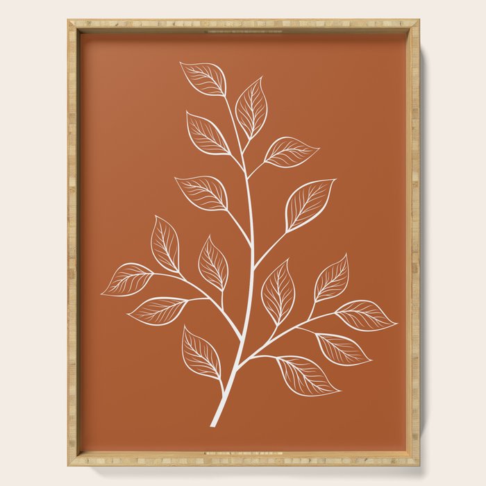 Delicate White Leaves and Branch on a Rust Orange Background Serving Tray Gallery Image 1