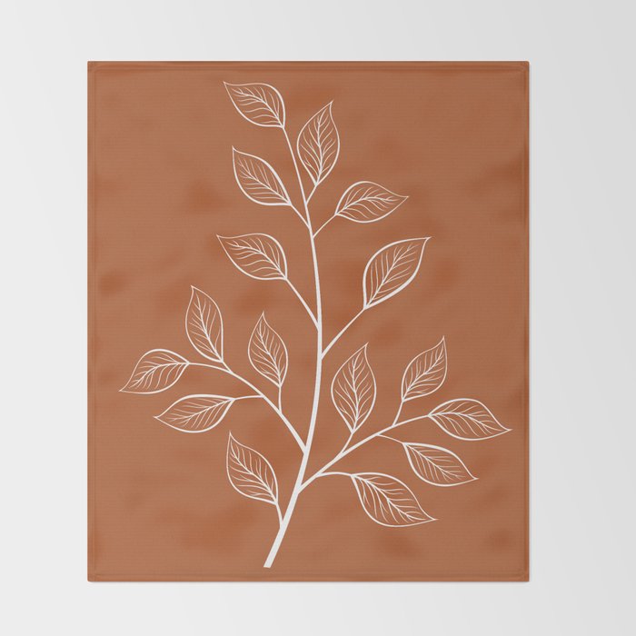 Delicate White Leaves and Branch on a Rust Orange Background Throw Blanket Gallery Image 2