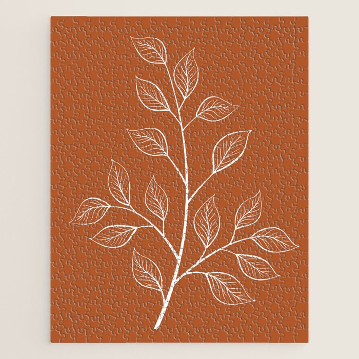 Delicate White Leaves and Branch on a Rust Orange Background Jigsaw Puzzle Gallery Image 1