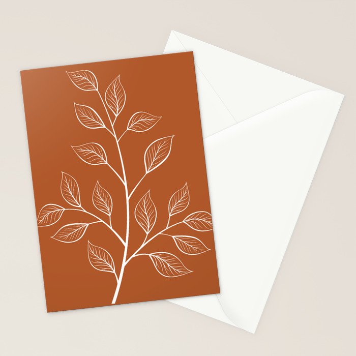 Delicate White Leaves and Branch on a Rust Orange Background Stationery Card Gallery Image 2