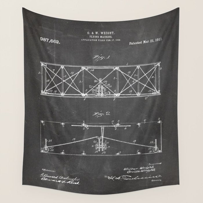 Wright Brother'S Plane Patent - Aviation Art - Black Chalkboard Wall Tapestry Gallery Image 4