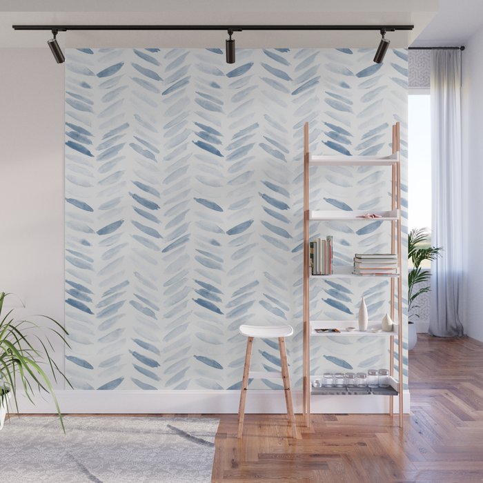 Denim blue watercolor chevron - painted herringbone  Wall Mural Gallery Image 1