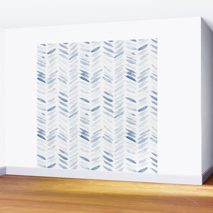 Denim blue watercolor chevron - painted herringbone  Wall Mural Gallery Image 2