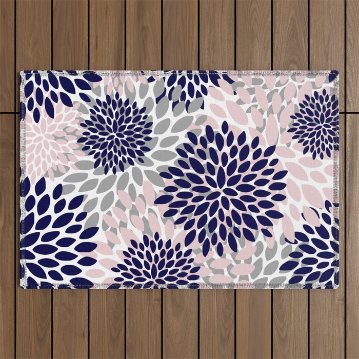 Abstract, Floral Prints, Navy Blue, Grey and Pink Outdoor Rug Gallery Image 1