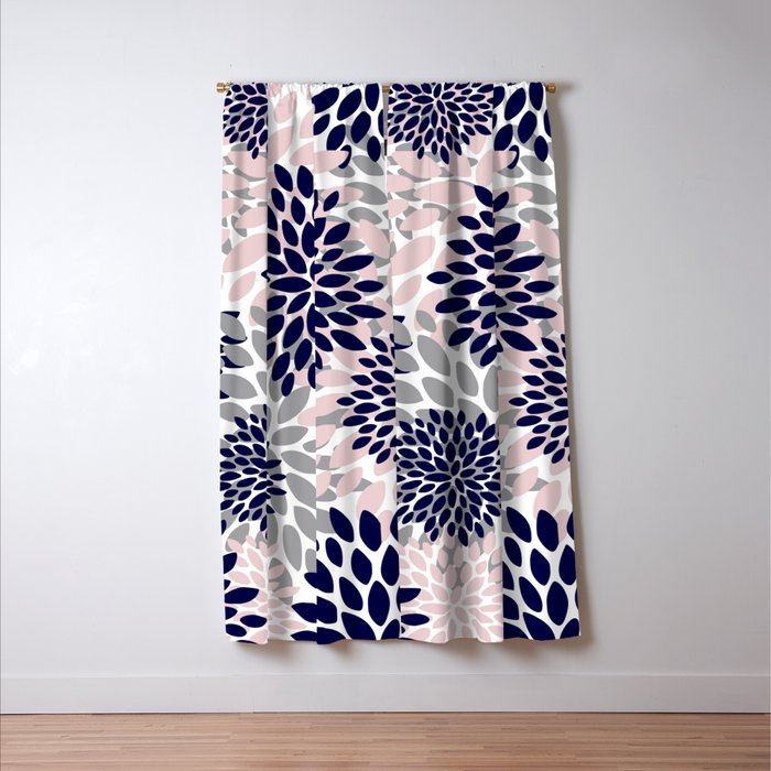 Abstract, Floral Prints, Navy Blue, Grey and Pink Window Curtain Gallery Image 3