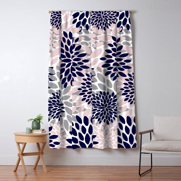 Abstract, Floral Prints, Navy Blue, Grey and Pink Window Curtain Gallery Image 5